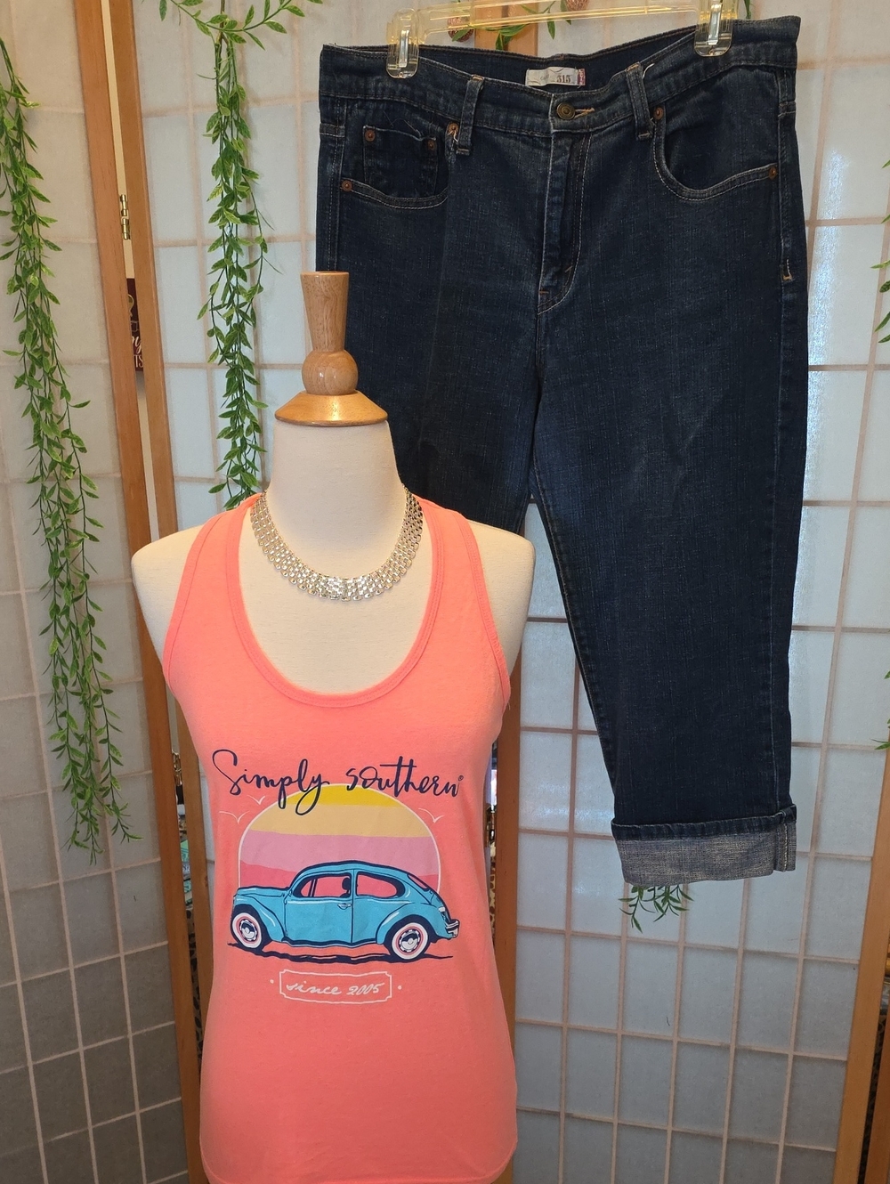 Simply Southern Coral Tank with Teal Car Graphic And Levss 515 Jeans